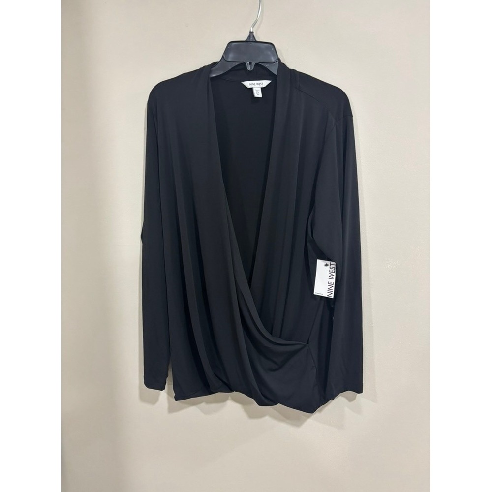 Nine‎ West 2X Black Draped Wrap Blouse Long Sleeve Elegant Workwear Chic